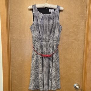 Elle Black and White A line dress with Pink belt